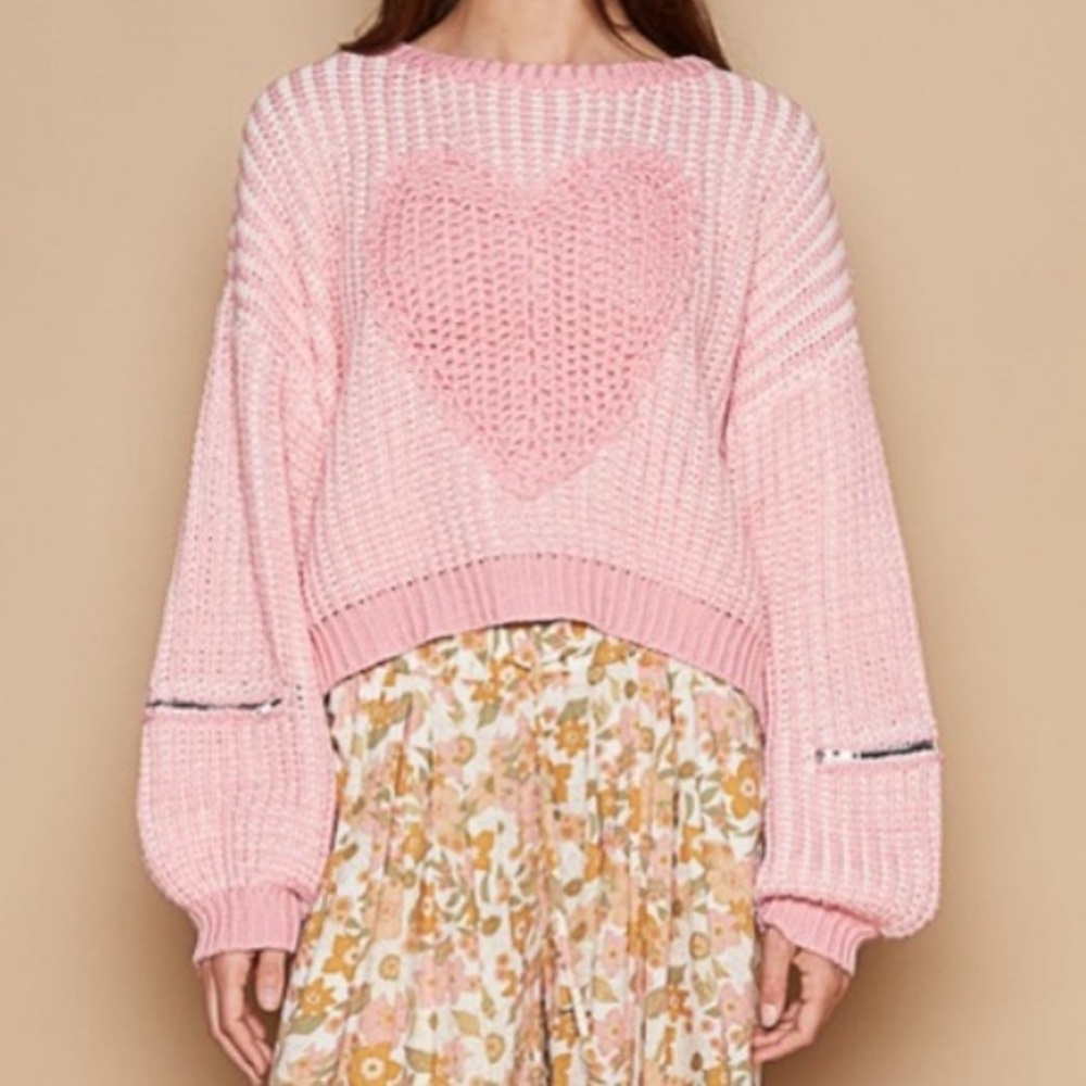 901. 🛑POL AT COST! LAST 1! Crochet Pullover Sweater Pink white Chunky Heart zip - Picture 2 of 6